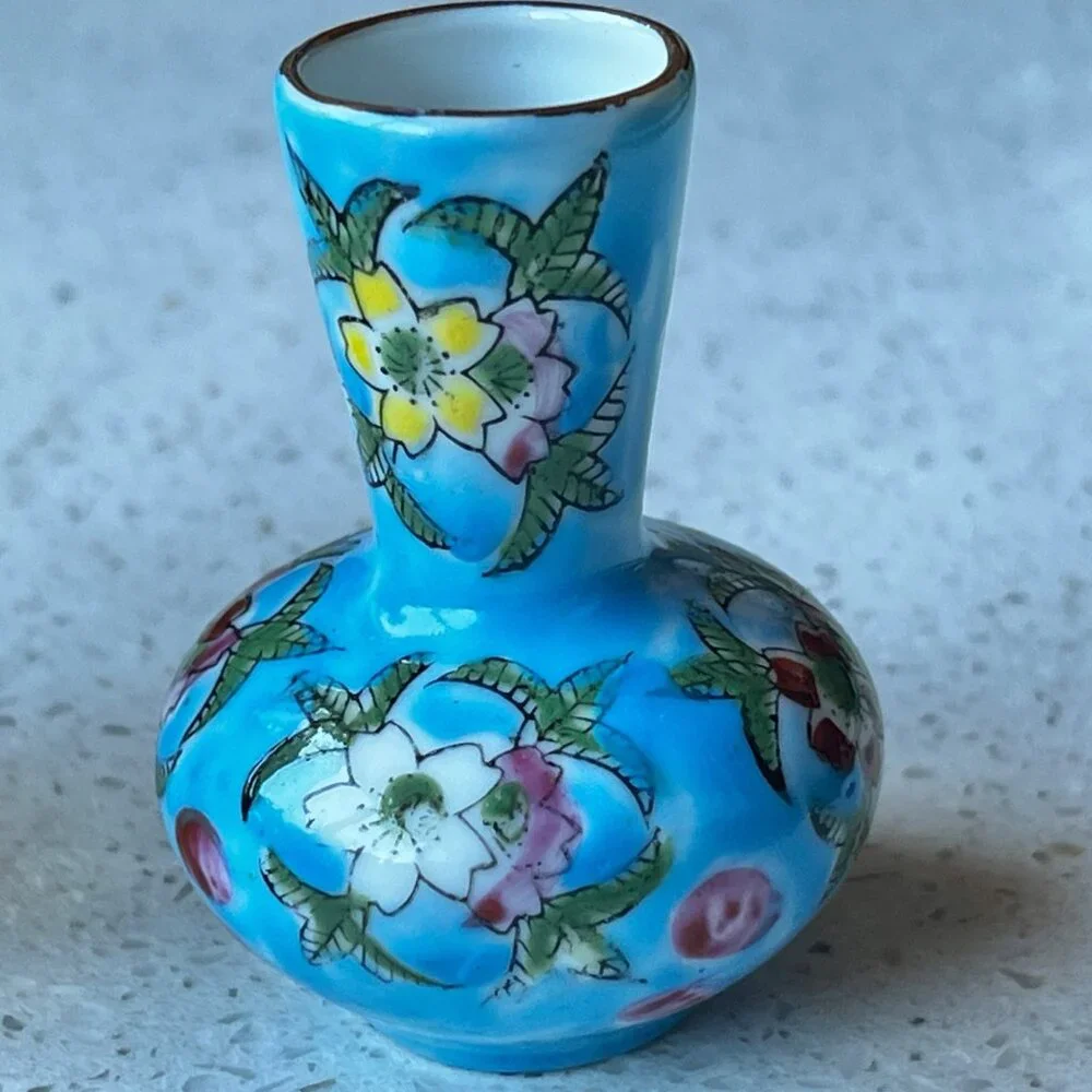 Miniature Japan Porcelain Vases Set Of 2 Yellow & Blue Floral Design vintage